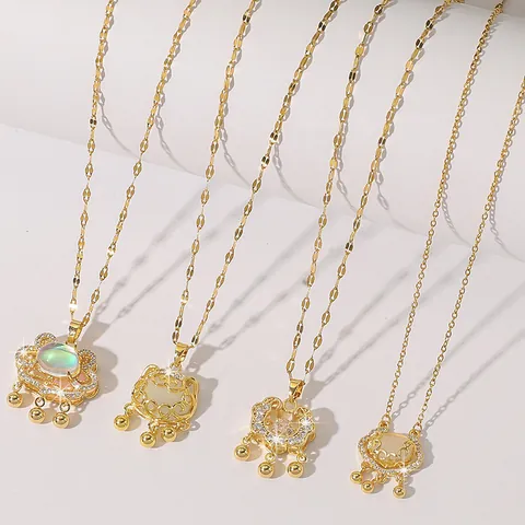 Vintage Chinese Style Longevity Lock Pendant Necklace Titanium Steel Gold Silver Plated Zirconia Jewelry For Women