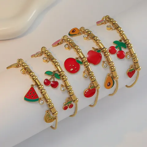 Fashion Gold Plated Stainless Steel Fruit Charm Bracelet Zirconia Rhinestone Enamel Cherry Strawberry Women Jewelry