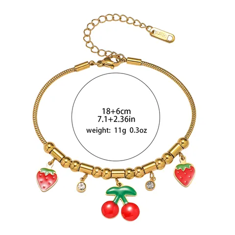Fashion Gold Plated Stainless Steel Fruit Charm Bracelet Zirconia Rhinestone Enamel Cherry Strawberry Women Jewelry