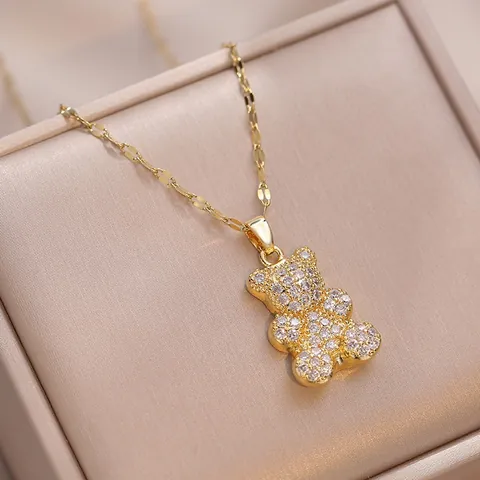 Bear Pendant Necklace Titanium Steel Micro Pave Zircon Animal Shape Dainty Clavicle Chain Fashion Jewelry For Women