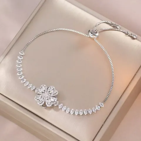 Luxury Stainless Steel Rotating Heart Flower Four-Leaf Clover Necklace Zirconia Inlaid Jewelry Bracelet Ring For Women Gift