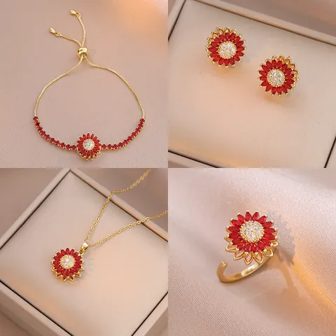 Roterende Zirkonia Zonnebloem Hanger Ketting Roestvrijstalen Bloem Oorbellen Armband Ring Rood Goud Vrouwen Sieraden