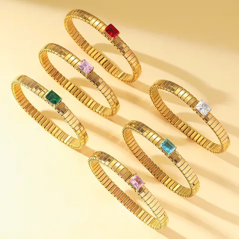 Fashion Gold Plated Stainless Steel Elastic Bracelet For Women Colorful Rectangular Zirconia Inlaid Stretch Bangle Jewelry