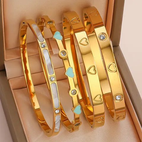 Bracelet Jonc de Luxe en Acier au Titane Cœur et Nacre pour Femme Acier Inoxydable Plaqué Or avec Zirconium