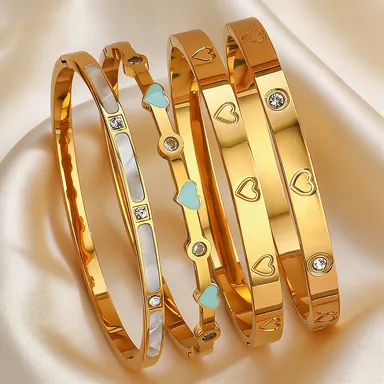 Bracelet Jonc de Luxe en Acier au Titane Cœur et Nacre pour Femme Acier Inoxydable Plaqué Or avec Zirconium