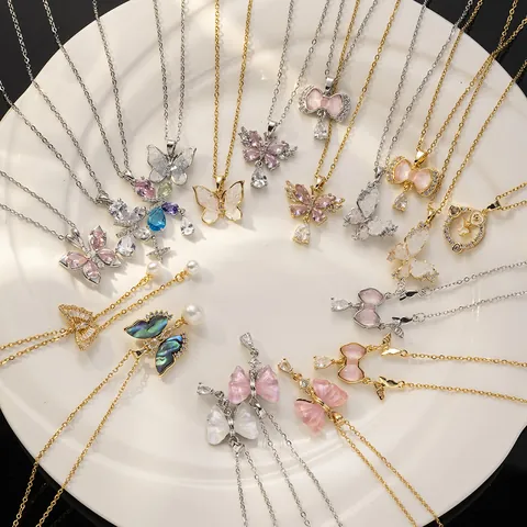 Vintage Butterfly Tassel Pendant Necklace For Women Titanium Steel Cross Chain French Light Luxury Rhinestone Zirconia Elegant Clavicle Necklace Jewelry