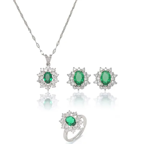 Parure Bijoux Élégante Fleur Zirconium Vert Émeraude Collier Boucles D'oreilles Et Bague Réglable Acier Inoxydable Cuivre Femmes