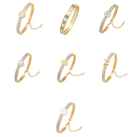 Stainless Steel Zirconia Evil Eye Heart Butterfly Flower Bangle Bracelet For Women Gold Plated Shell Enamel Jewelry Gift