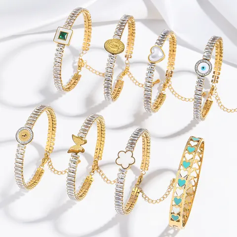 Stainless Steel Zirconia Evil Eye Heart Butterfly Flower Bangle Bracelet For Women Gold Plated Shell Enamel Jewelry Gift