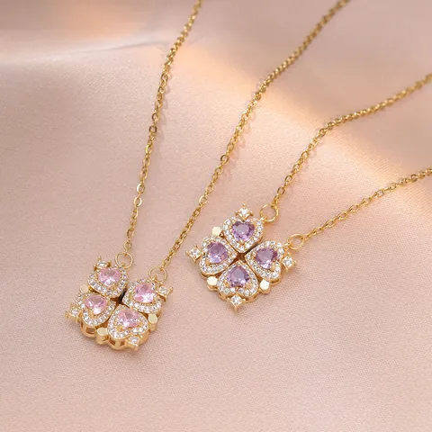 Stainless Steel Foldable Clover Heart Necklace Gold Plated Zirconia Magnetic Opening Closing Versatile Clavicle Chain For Women