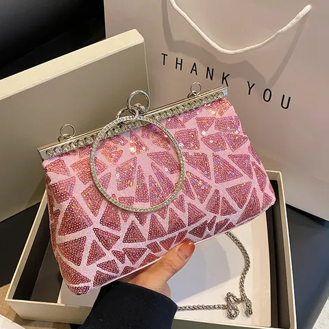 Women Luxury Sequin Evening Bag Rhinestone Circle Handle Clutch Handbag With Detachable Chain Shoulder Strap For Wedding Banquet Party