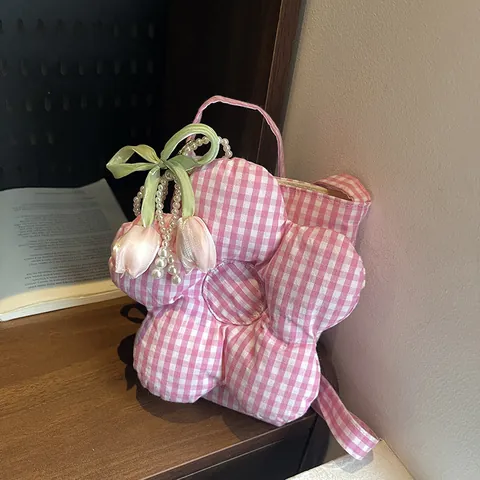 Bolso Bandolera de Lona a Cuadros Estilo Coreano Lindo Bolso de Hombro Flor 3D Con Perlas Artificiales Tulipán Decoración Mujer