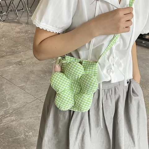 Bolso Bandolera de Lona a Cuadros Estilo Coreano Lindo Bolso de Hombro Flor 3D Con Perlas Artificiales Tulipán Decoración Mujer