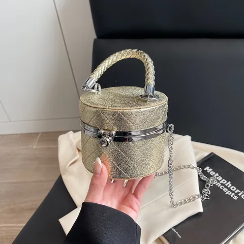 Women Trendy Glitter Sequin Cylinder Bucket Bag Quilted Diamond Pattern Evening Handbag Metal Chain Strap Mini Crossbody Bag