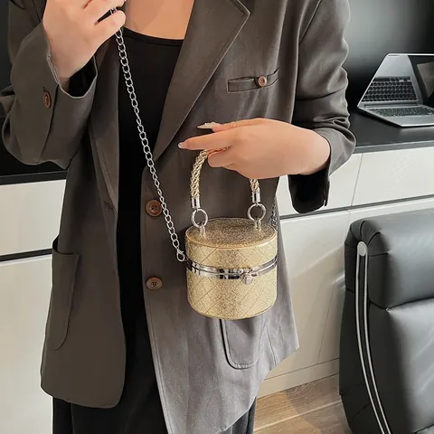 Women Trendy Glitter Sequin Cylinder Bucket Bag Quilted Diamond Pattern Evening Handbag Metal Chain Strap Mini Crossbody Bag