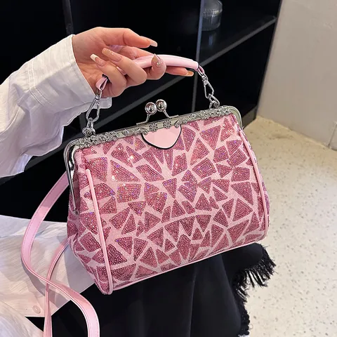 Damen Vintage Pailletten Umhängetasche Retro Kussverschluss Handtasche Geometrie Patchwork Glitzer Abendtasche Mit Kettenriemen