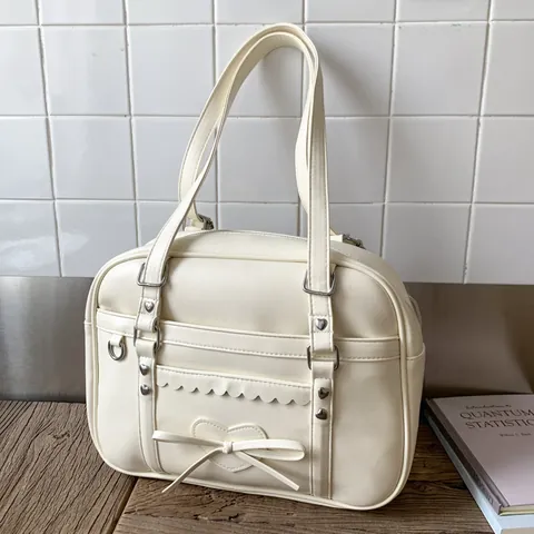 Japanese JK Style PU Leather Tote Bag Sweet Bow Heart Stud Scalloped Edge Multi-functional Shoulder Bag Backpack For Women