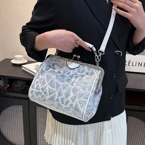 Damen Vintage Pailletten Umhängetasche Retro Kussverschluss Handtasche Geometrie Patchwork Glitzer Abendtasche Mit Kettenriemen