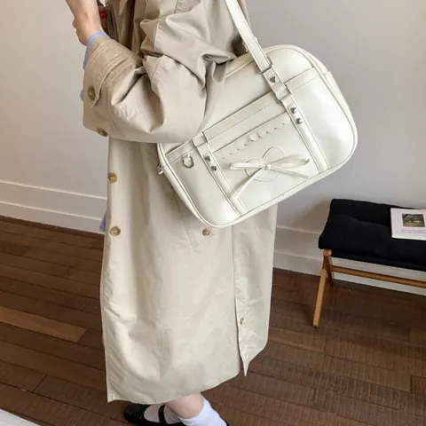 Japanese JK Style PU Leather Tote Bag Sweet Bow Heart Stud Scalloped Edge Multi-functional Shoulder Bag Backpack For Women