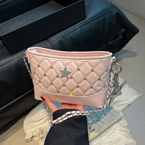 Women's Fashion PU Leather Quilted Diamond Lattice Shoulder Bag With Star Rivet Rhinestone Metal Chain Crossbody Small Square Bag