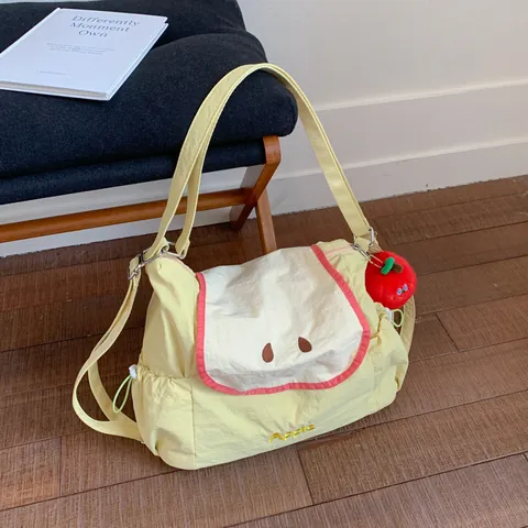Fruit Theme Women Shoulder Bag Large Capacity Nylon Tote Bag Cute Apple Watermelon Embroidery Commuter Handbag With Plush Charm For Teen Girls Daily