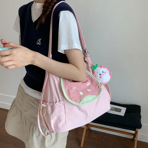 Fruit Theme Women Shoulder Bag Large Capacity Nylon Tote Bag Cute Apple Watermelon Embroidery Commuter Handbag With Plush Charm For Teen Girls Daily