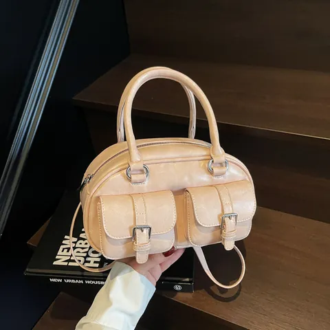 Bolso Bowling de Cuero PU Vintage para Mujer Bolso de Mano Retro en Forma de Concha Con Múltiples Bolsillos Bandolera Casual para Uso Diario