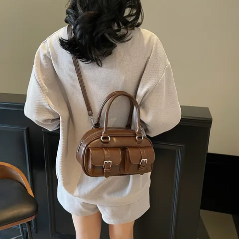 Bolso Bowling de Cuero PU Vintage para Mujer Bolso de Mano Retro en Forma de Concha Con Múltiples Bolsillos Bandolera Casual para Uso Diario