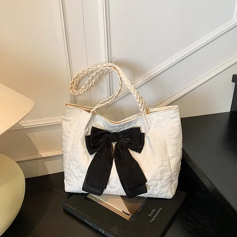 Women Fashion Tote Bag With Large Bow Knot Decoration Jacquard Textured Fabric Woven Handle Casual Shoulder Commute Handbag