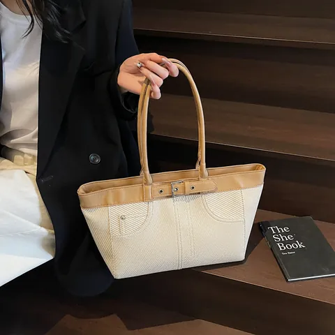 Nische Trendige Schulter Achseltasche Vintage Gürtelschnalle Stilvoll Pendeln Minimalistische Große Kapazität Tote Handtasche Für Damen PU Stoff Spleißen Tasche