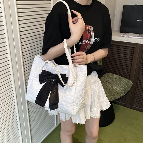 Women Fashion Tote Bag With Large Bow Knot Decoration Jacquard Textured Fabric Woven Handle Casual Shoulder Commute Handbag
