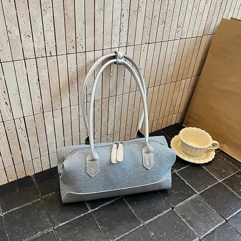 Women Denim PU Leather Underarm Bag Vintage Contrast Color Shoulder Bag Commuter Retro Tote Handbag Fashion Large Bag