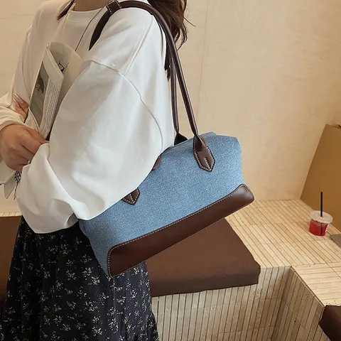 Women Denim PU Leather Underarm Bag Vintage Contrast Color Shoulder Bag Commuter Retro Tote Handbag Fashion Large Bag