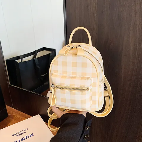 Mini Mochila de Cuadros para Mujer Cuero PU Estilo Preppy Color de Contraste Mochila Pequeña para Escuela Viaje