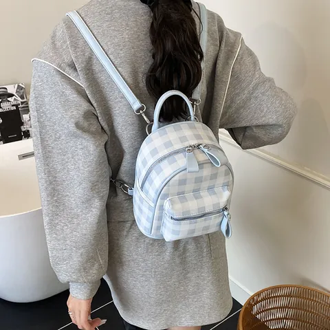 Mini Mochila de Cuadros para Mujer Cuero PU Estilo Preppy Color de Contraste Mochila Pequeña para Escuela Viaje