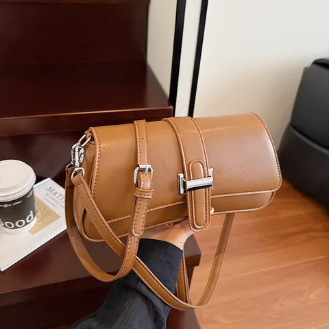 Women Vintage PU Leather Baguette Bag With Metal Buckle French Minimalist Rectangular Shoulder Crossbody Bag For Daily Work