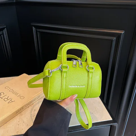 Fashion Women's Mini Boston Bag Lychee Pattern PU Leather Cylindrical Handbag With Adjustable Shoulder Strap Small Crossbody Bag