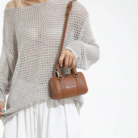 Fashion Women's Mini Boston Bag Lychee Pattern PU Leather Cylindrical Handbag With Adjustable Shoulder Strap Small Crossbody Bag