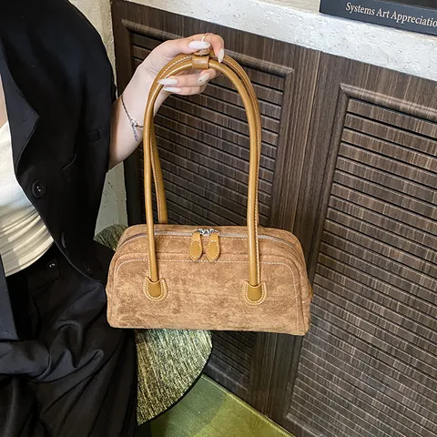 Bolso de Hombro Baguette para Mujer de Gamuza y Cuero PU Vintage Minimalista Puntada de Contraste Bolso de Axila Boston