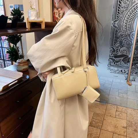 Women Retro PU Leather Underarm Shoulder Bag Minimalist Solid Color Rectangular Tote Bag With Detachable Mini Coin Purse