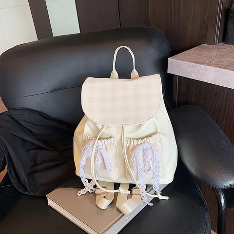 Korean Style Large Capacity PU Leather Plaid Flap Backpack For Women Sweet Lace Bow Decor School Casual Daypack