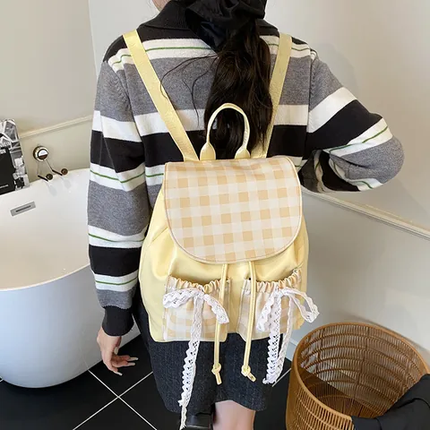 Korean Style Large Capacity PU Leather Plaid Flap Backpack For Women Sweet Lace Bow Decor School Casual Daypack