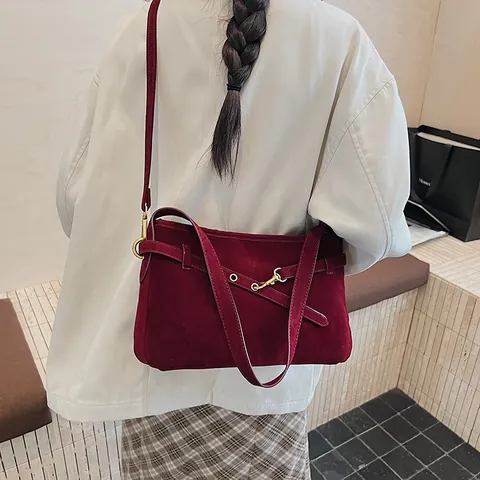 Vintage Suede Underarm Shoulder Bag For Women Fashion Commuter Handbag With Belt Detail Zipper Closure Solid Color