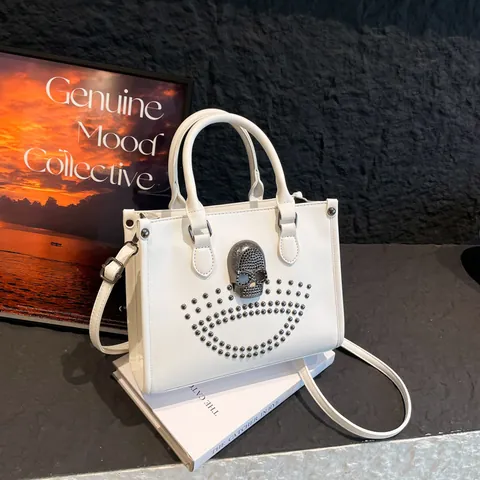 Women Gothic Punk Handbag With Rhinestone Skull And Rivets PU Leather Shoulder Crossbody Bag Fashion Tote For Daily Use