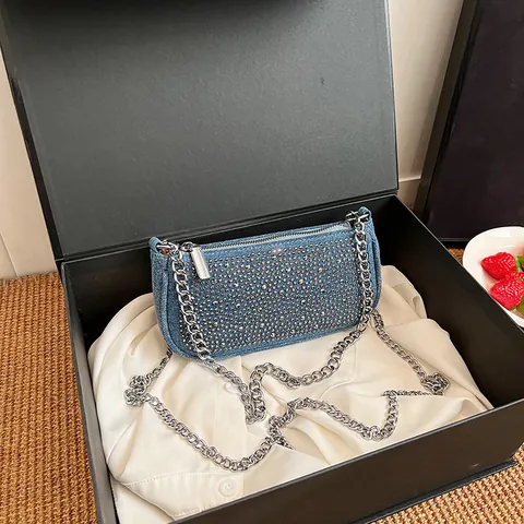 Französische Nische Design Denim Unterarmtasche Für Damen Mode Kette Strass Schulter Umhängetasche Kleine Quadratische Tasche Y2K Stil