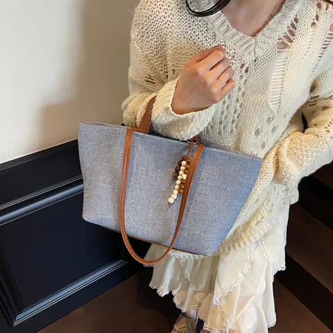 Sac Cabas en Toile de Grande Capacité Avec Bandoulières en Cuir Charme Perlé Vintage Trajet Sac à Épaule Femme