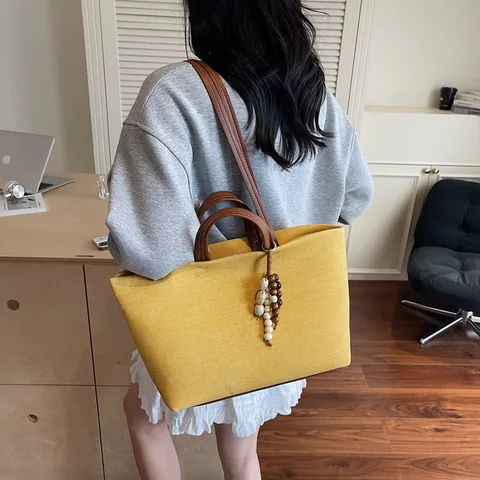 Sac Cabas en Toile de Grande Capacité Avec Bandoulières en Cuir Charme Perlé Vintage Trajet Sac à Épaule Femme