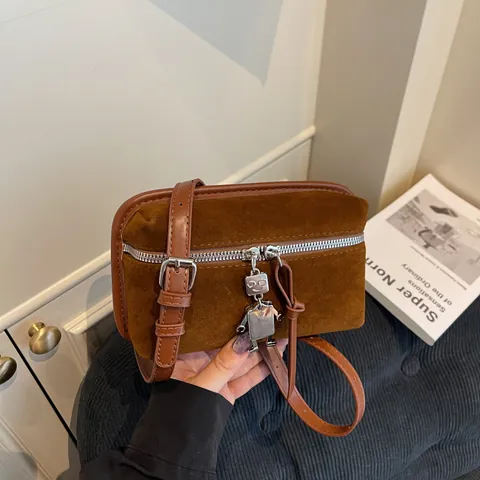 Women's Suede Texture PU Small Square Crossbody Bag Minimalist Korean Style Shoulder Bag With Robot Charm Fashion Daily Handbag