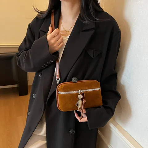 Women's Suede Texture PU Small Square Crossbody Bag Minimalist Korean Style Shoulder Bag With Robot Charm Fashion Daily Handbag
