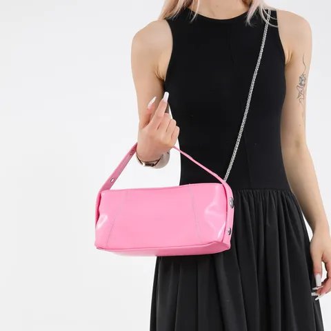 Women Retro Shiny PU Leather Baguette Bag Vintage Cylindrical Shoulder Bag With Detachable Metal Chain Rivet Handbag